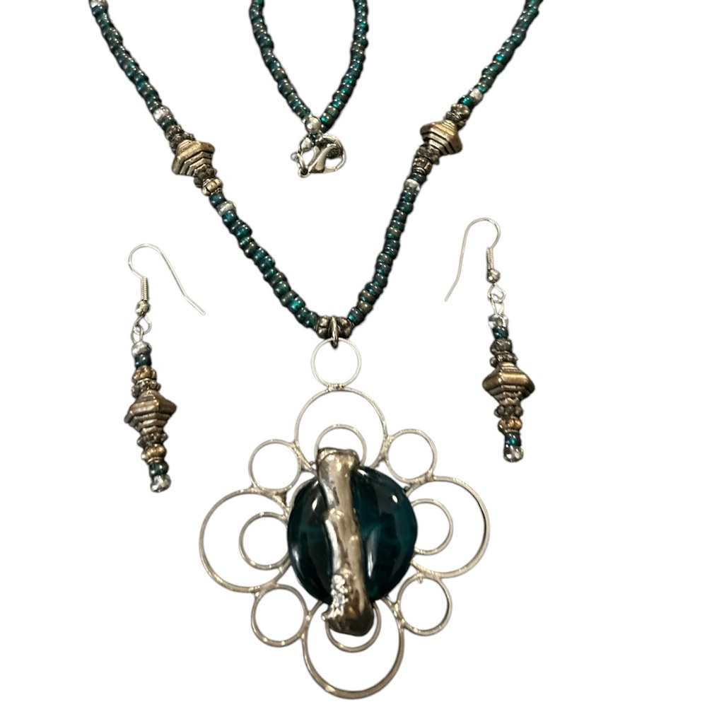 Vintage Raphael Alfandary large pendant blue stone, beaded necklace & earrings